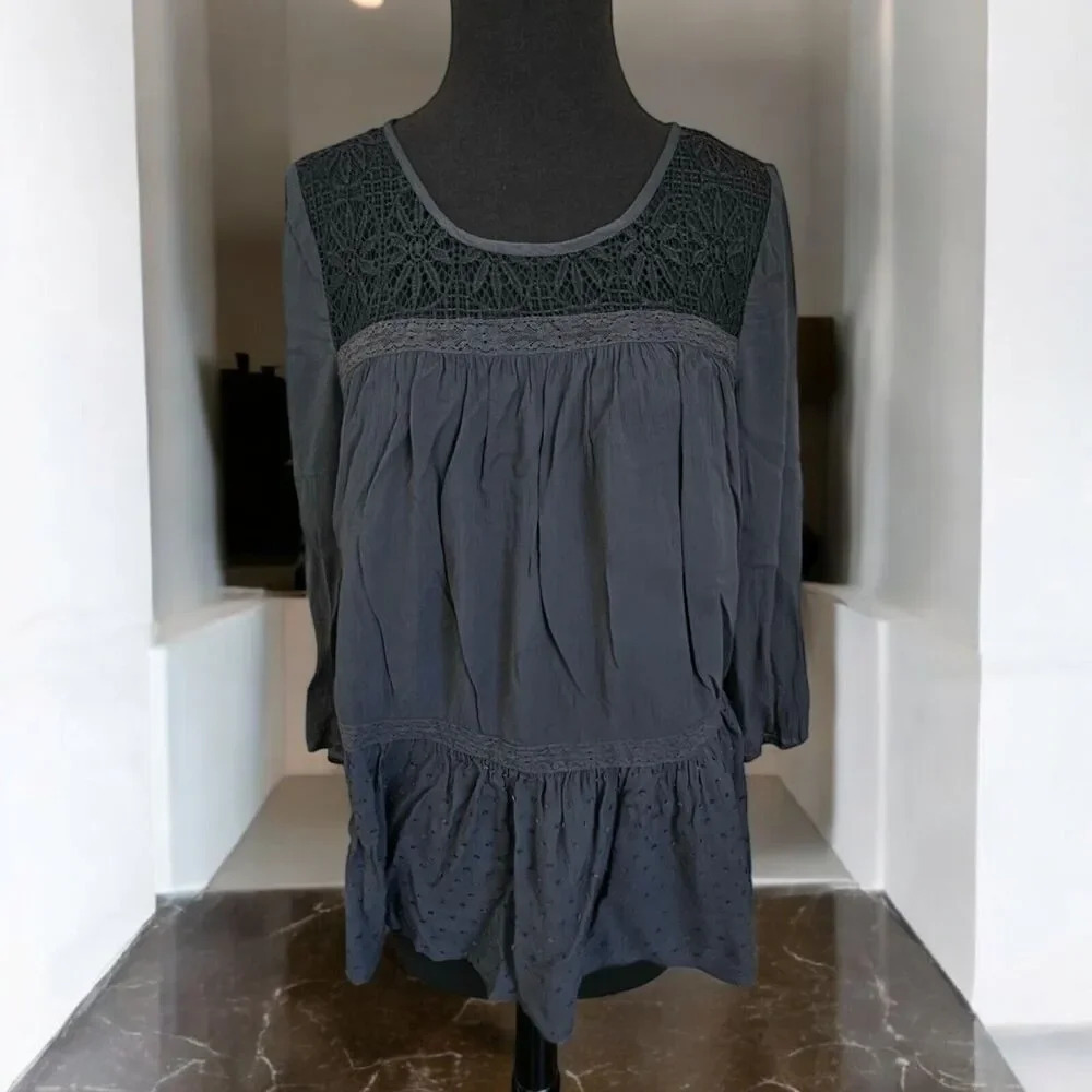 Mod Cloth Darkest Gray Lace Peplum Shirt Small Fairy Goth Witchy Peasant